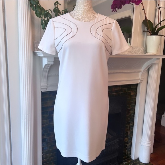 DIANE VON FURSTENBERG White Cecilia Ladder Stitch Short Sleeve Shift Dress Sz 4 - Picture 4 of 16